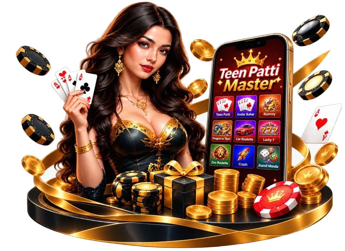 Teen Patti Master host with the Teen Patti Master app showing Teen Patti, Andar Bahar, Rummy and more games